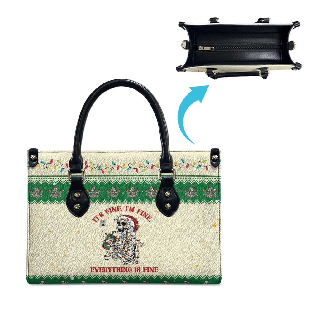 Funny Skeleton Christmas Leather Bag It's Fine I'm Fine Everything Is Fine - Wonder Print Shop