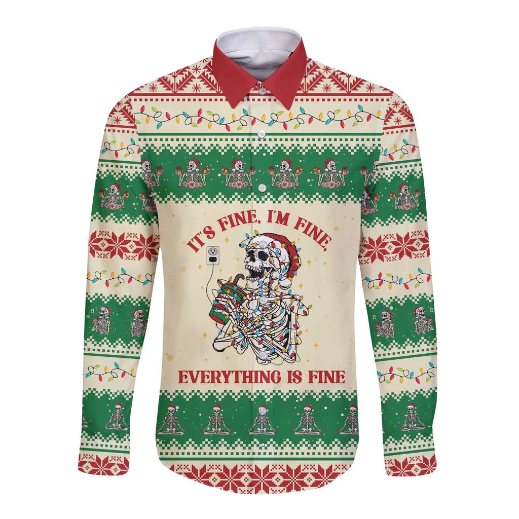 Funny Skeleton Christmas Long Sleeve Button Shirt It's Fine I'm Fine Everything Is Fine - Wonder Print Shop
