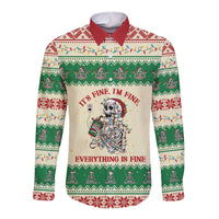 Funny Skeleton Christmas Long Sleeve Button Shirt It's Fine I'm Fine Everything Is Fine - Wonder Print Shop