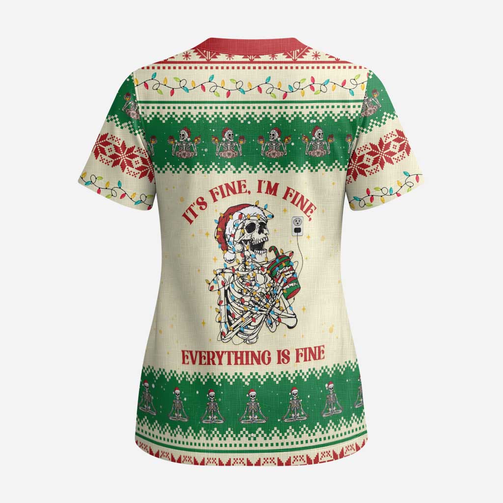 Funny Skeleton Christmas Scrub Top It's Fine I'm Fine Everything Is Fine - Wonder Print Shop