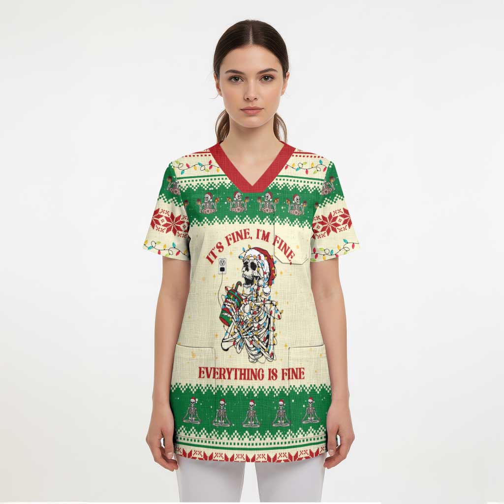 Funny Skeleton Christmas Scrub Top It's Fine I'm Fine Everything Is Fine - Wonder Print Shop