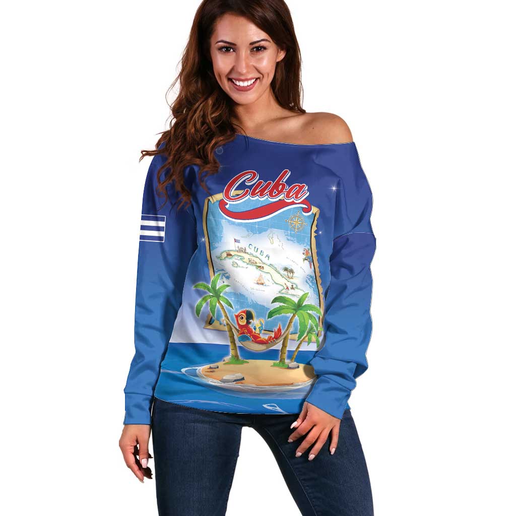 Cuba Off Shoulder Sweater Funny Macaw Decorative Map