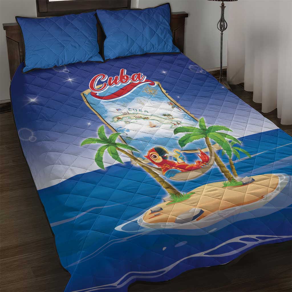 Cuba Quilt Bed Set Funny Macaw Decorative Map