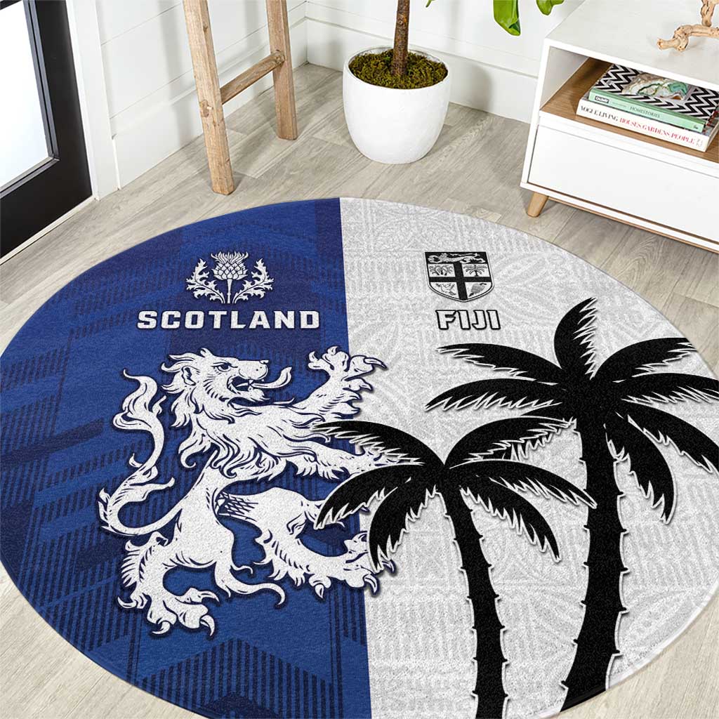 Fiji And Scotland Rugby Round Carpet Fijian Palm Tree With Thistle Together