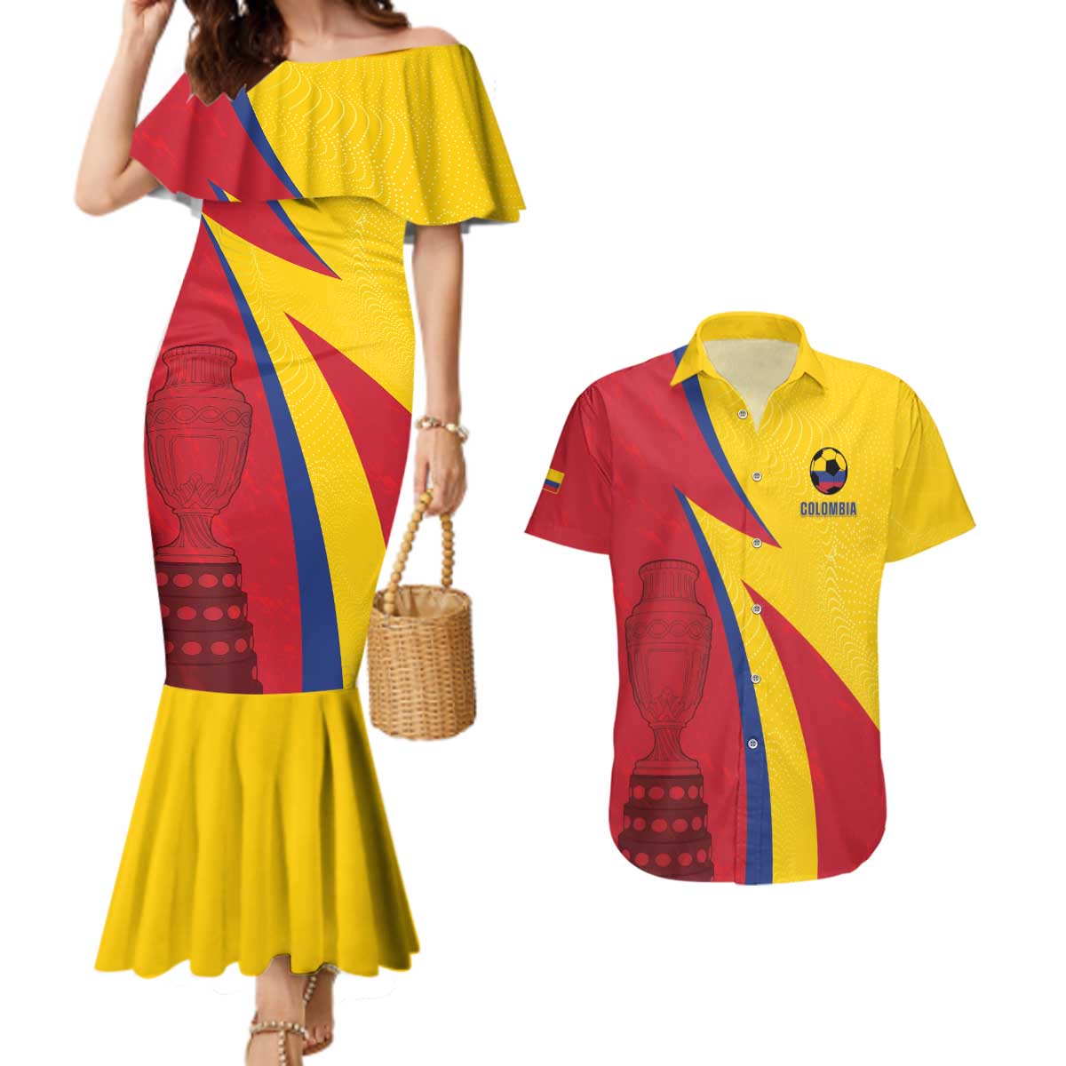 Custom Colombia 2024 Football Couples Matching Mermaid Dress and Hawaiian Shirt Go Champions Los Cafeteros LT05 - Wonder Print Shop