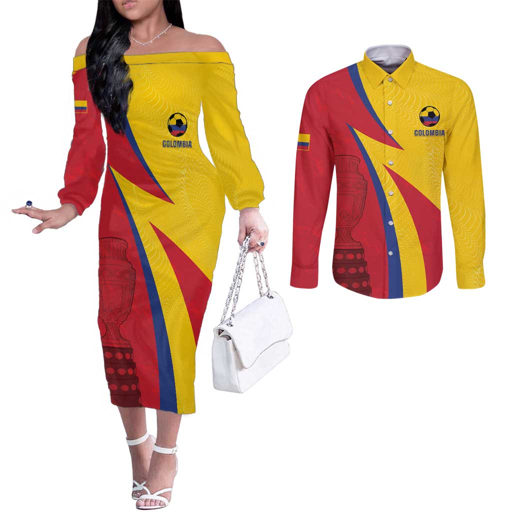 Custom Colombia 2024 Football Couples Matching Off The Shoulder Long Sleeve Dress and Long Sleeve Button Shirt Go Champions Los Cafeteros