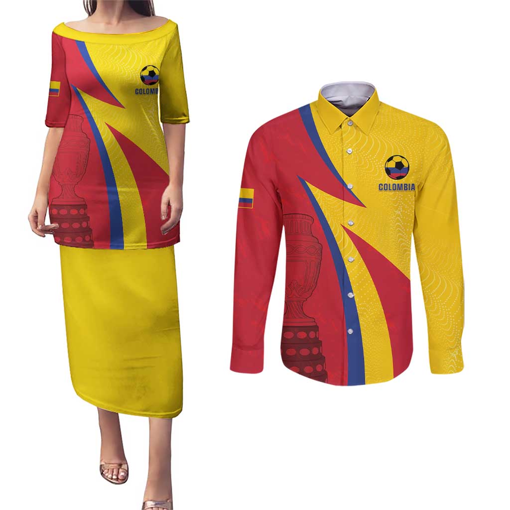 Custom Colombia 2024 Football Couples Matching Puletasi and Long Sleeve Button Shirt Go Champions Los Cafeteros LT05 - Wonder Print Shop