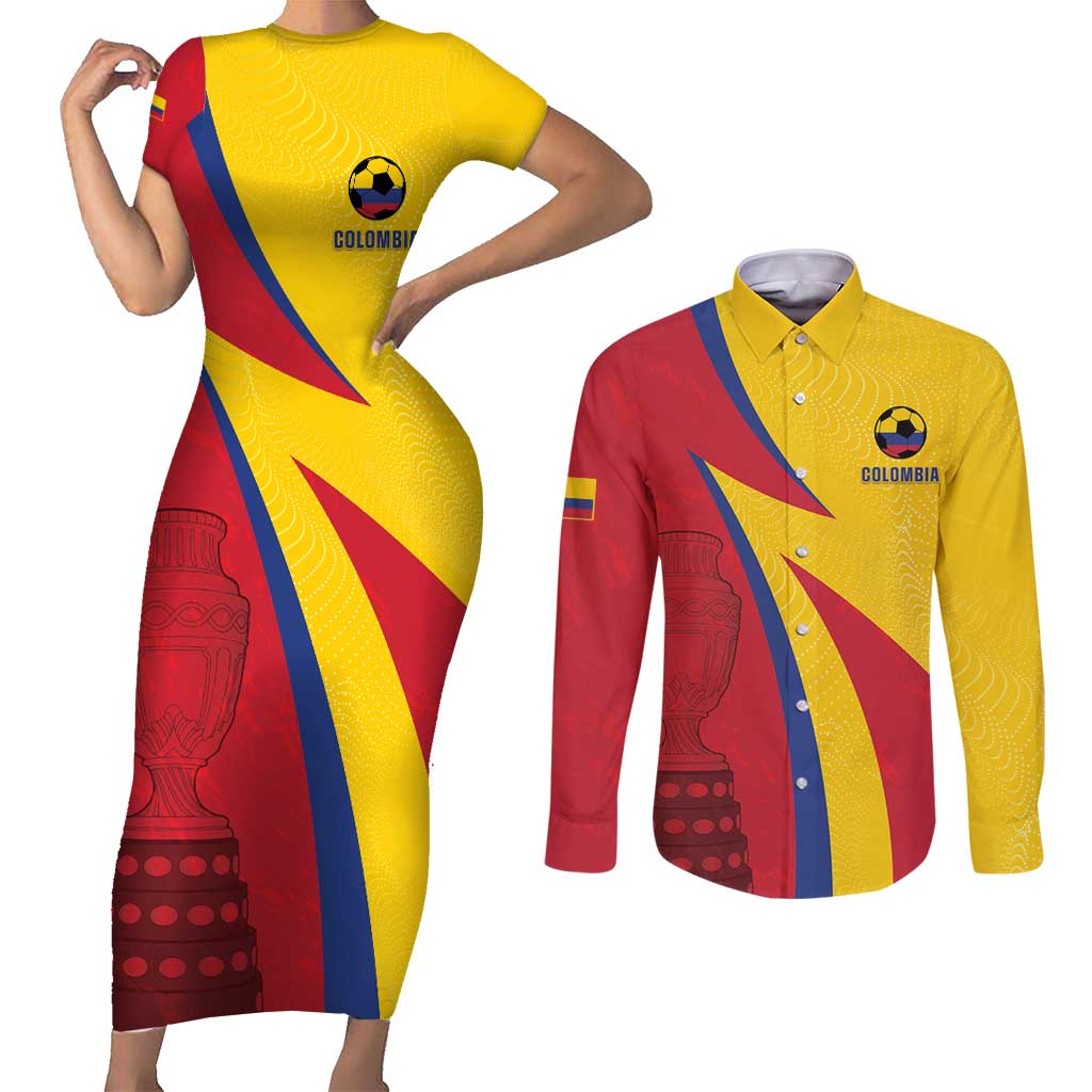 Custom Colombia 2024 Football Couples Matching Short Sleeve Bodycon Dress and Long Sleeve Button Shirt Go Champions Los Cafeteros LT05 - Wonder Print Shop