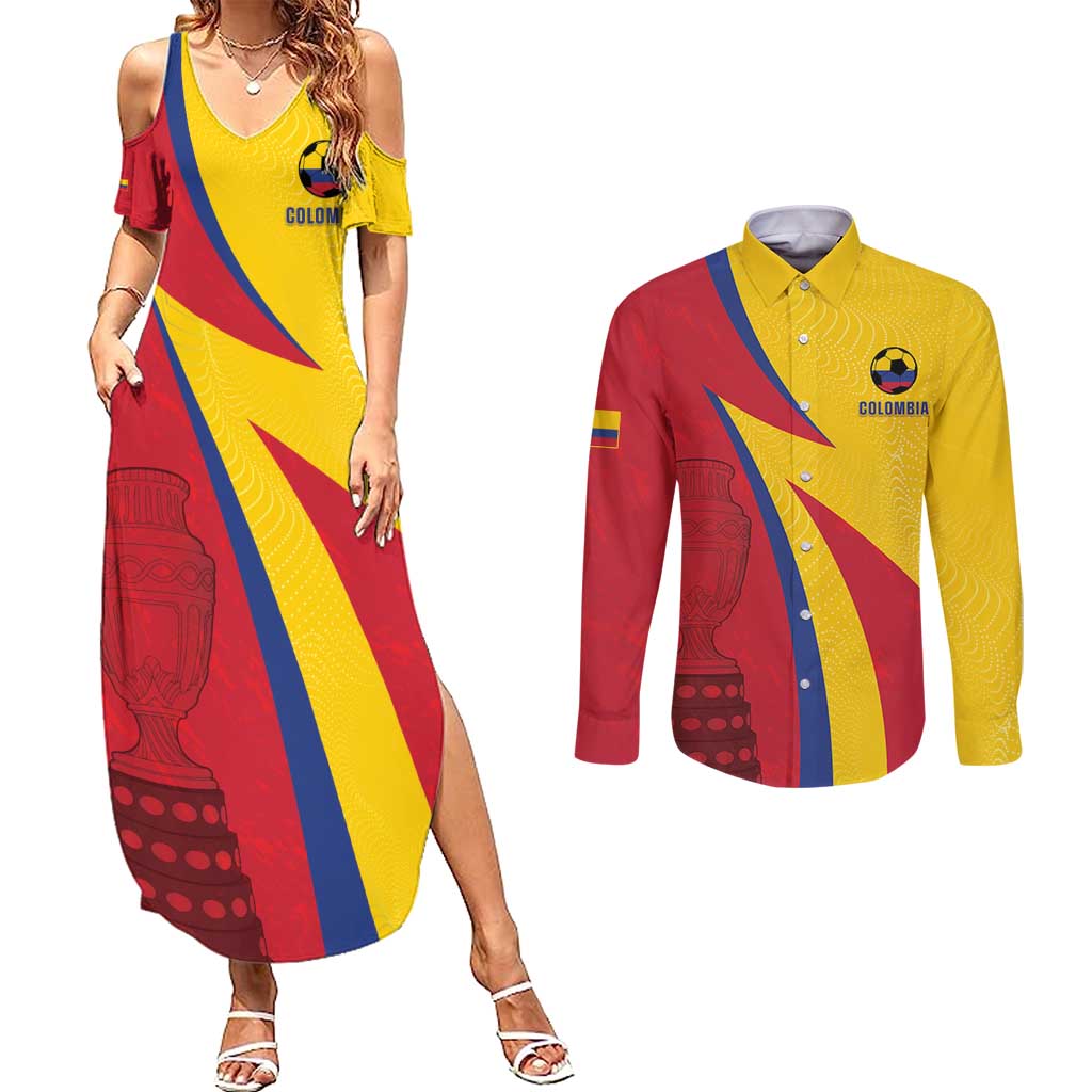 Custom Colombia 2024 Football Couples Matching Summer Maxi Dress and Long Sleeve Button Shirt Go Champions Los Cafeteros LT05 - Wonder Print Shop