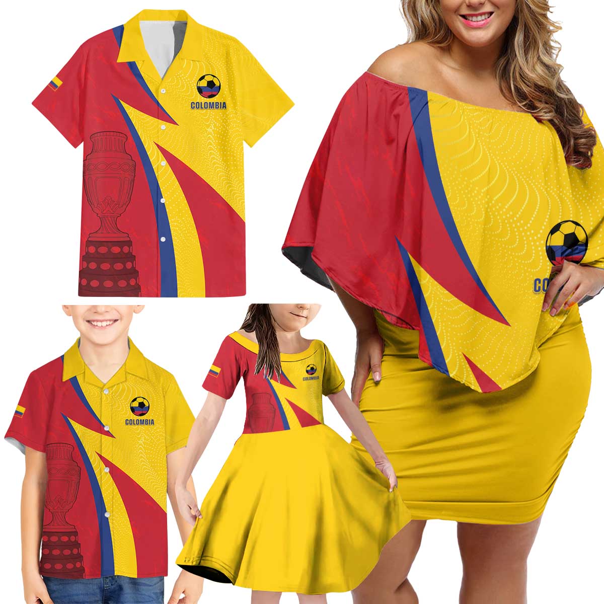 Custom Colombia 2024 Football Family Matching Off Shoulder Short Dress and Hawaiian Shirt Go Champions Los Cafeteros LT05 - Wonder Print Shop