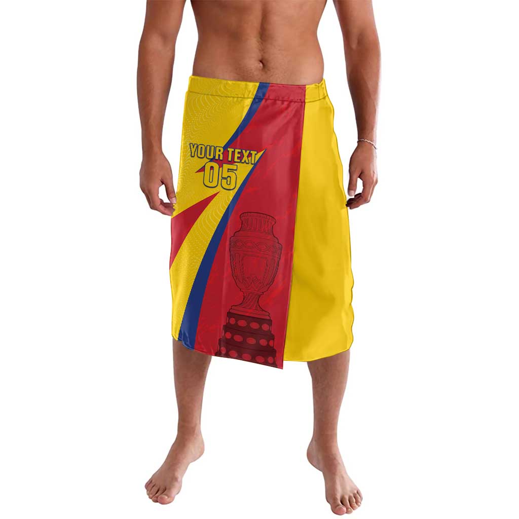 Yellow printed football-style sarong with vertical Colombia graphic and 05 logo, front view