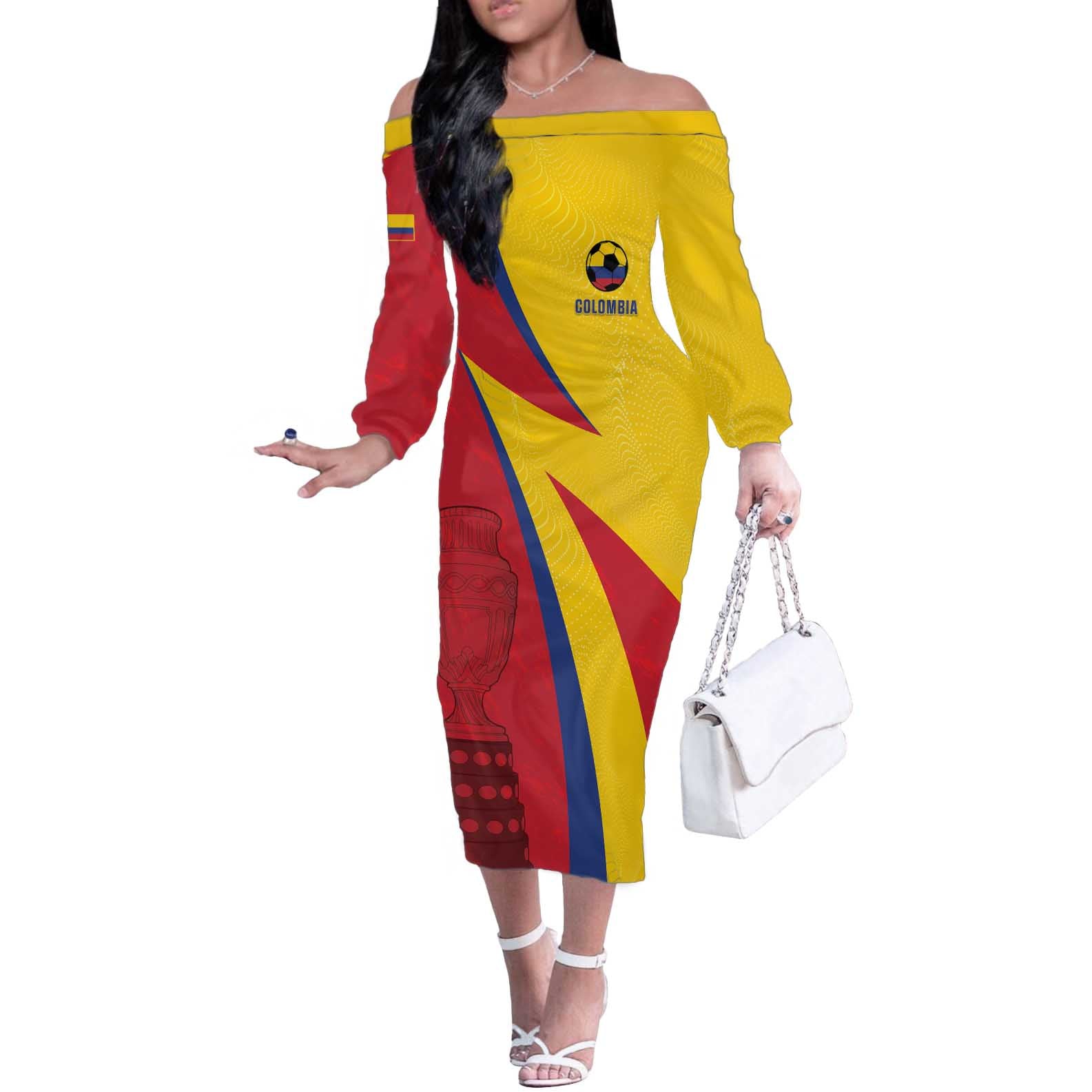 Custom Colombia 2024 Football Off The Shoulder Long Sleeve Dress Go Champions Los Cafeteros LT05 - Wonder Print Shop