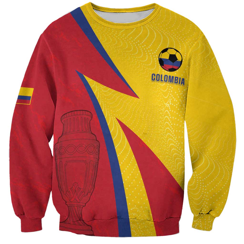 Yellow football sweatshirt with red-and-blue diagonal panels and Colombia crest