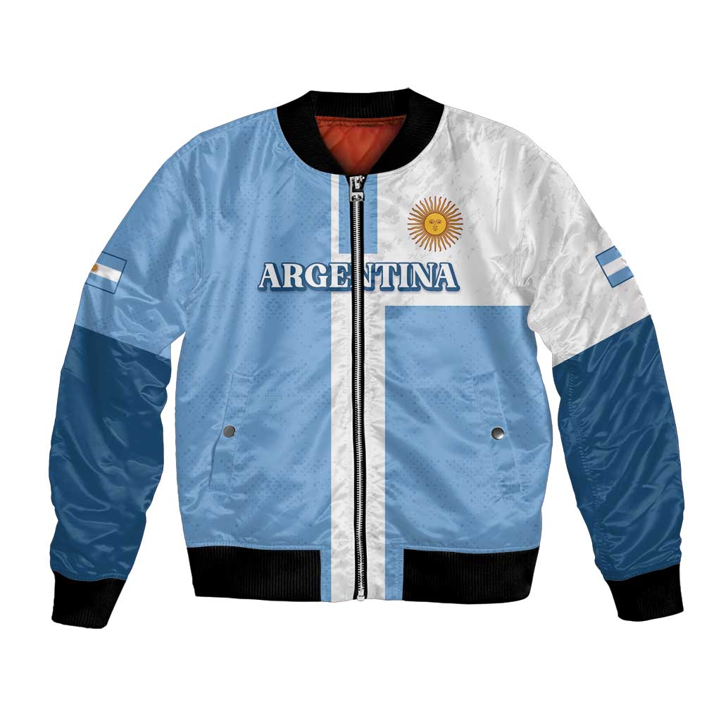 Blue and white Argentina flag bomber jacket with front zip, ribbed cuffs and hem