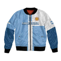 Blue and white Argentina flag bomber jacket with front zip, ribbed cuffs and hem