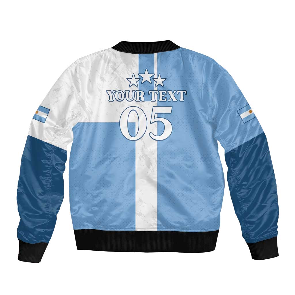 Blue and white bomber jacket with back text, star accents, and front zip