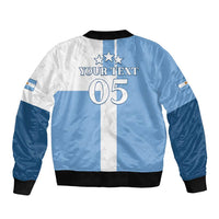Blue and white bomber jacket with back text, star accents, and front zip