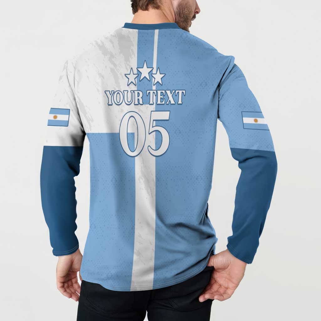 Back view: striped button sweatshirt with YOUR TEXT 05 and sleeve flag patches