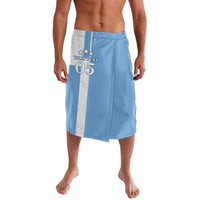 Blue sports lavalava skirt with vertical white stripe and front graphic '05'