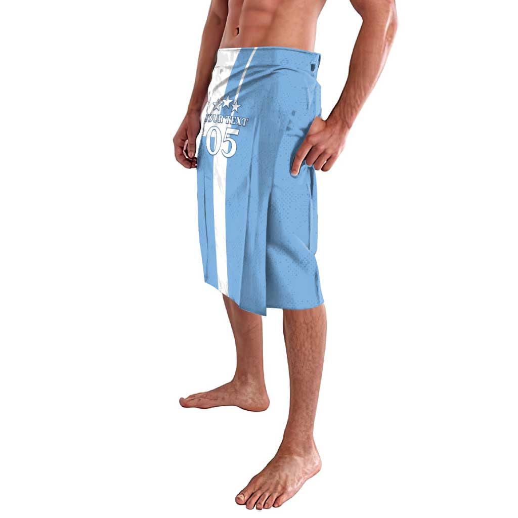 Blue sports lavalava skirt with vertical white stripe and front number print 05
