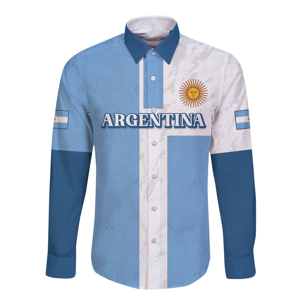 Long-sleeve button-up football shirt, blue and white striped; Argentina and crest front