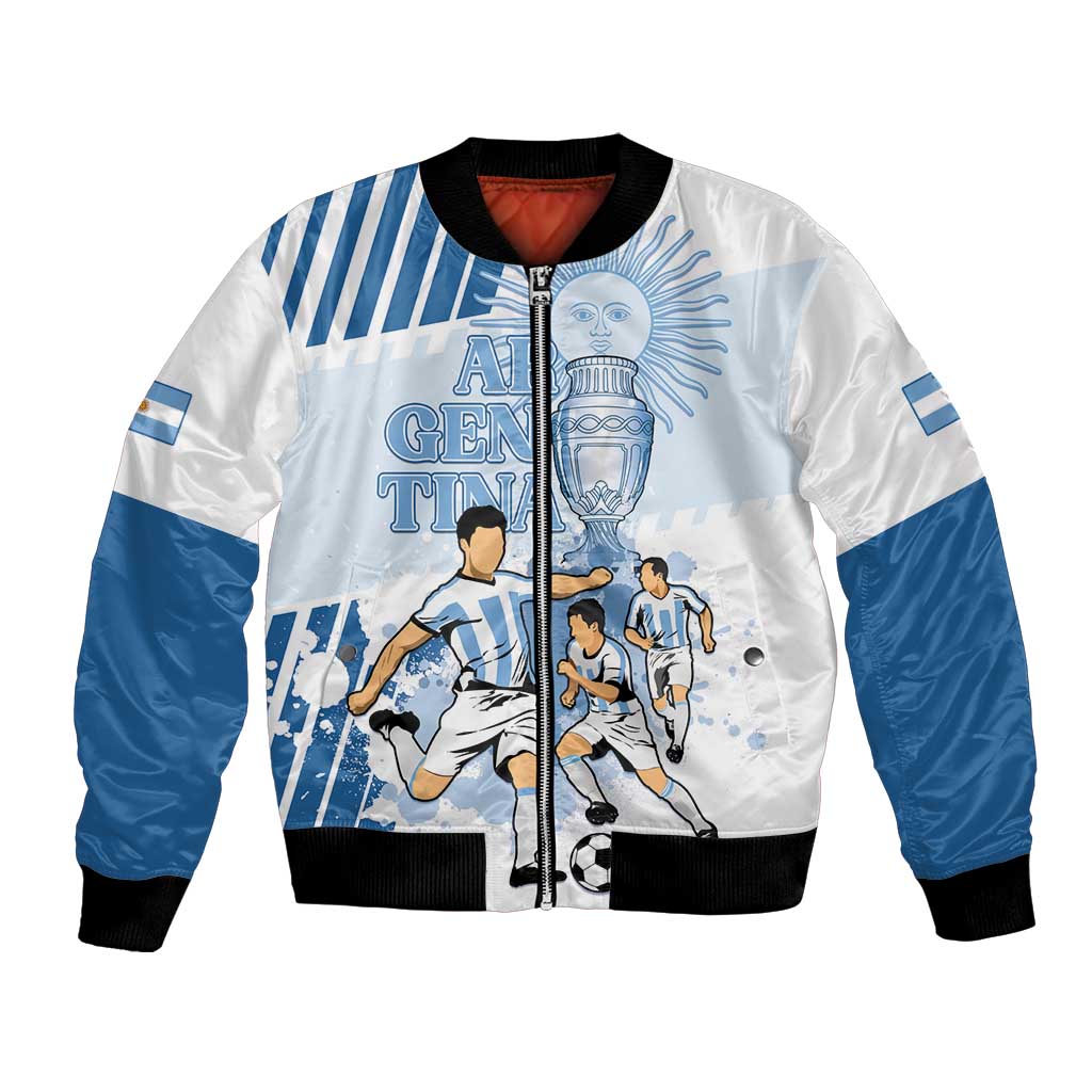 Football bomber jacket in white and blue with black rib trim, full-zip front, sports graphic
