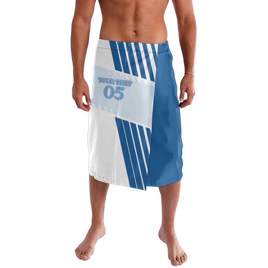 Blue and white vertical-striped football shorts with number 05 graphic