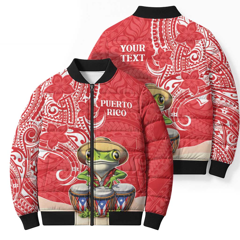 Personalized Puerto Rico Bomber Puffer Jacket Coqui Frog With Polynesian Pattern - Wonder Print Shop