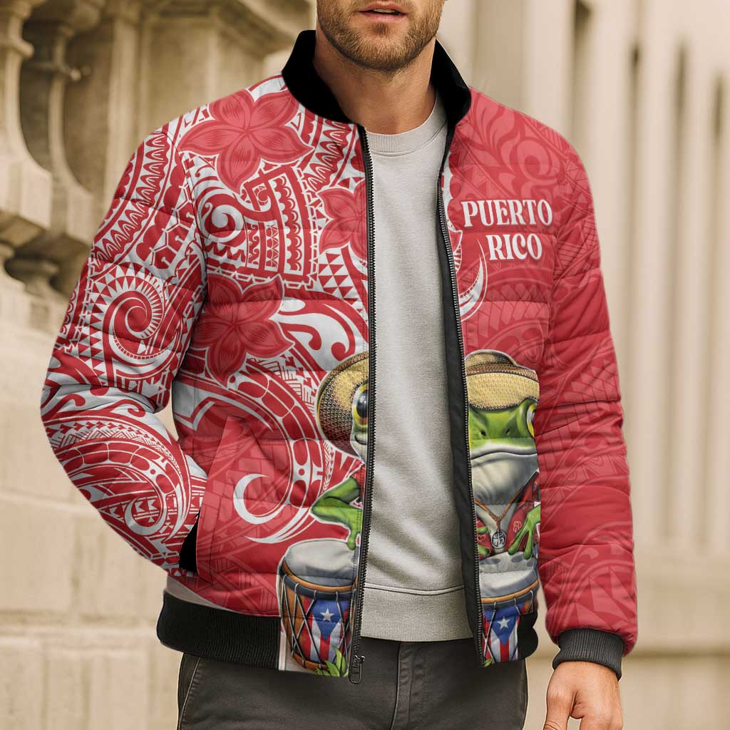 Personalized Puerto Rico Bomber Puffer Jacket Coqui Frog With Polynesian Pattern - Wonder Print Shop