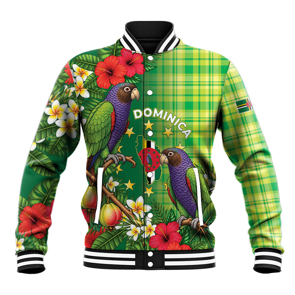 Personalized Dominica Independence Day Baseball Jacket Sisserou Parrot Madras Pattern