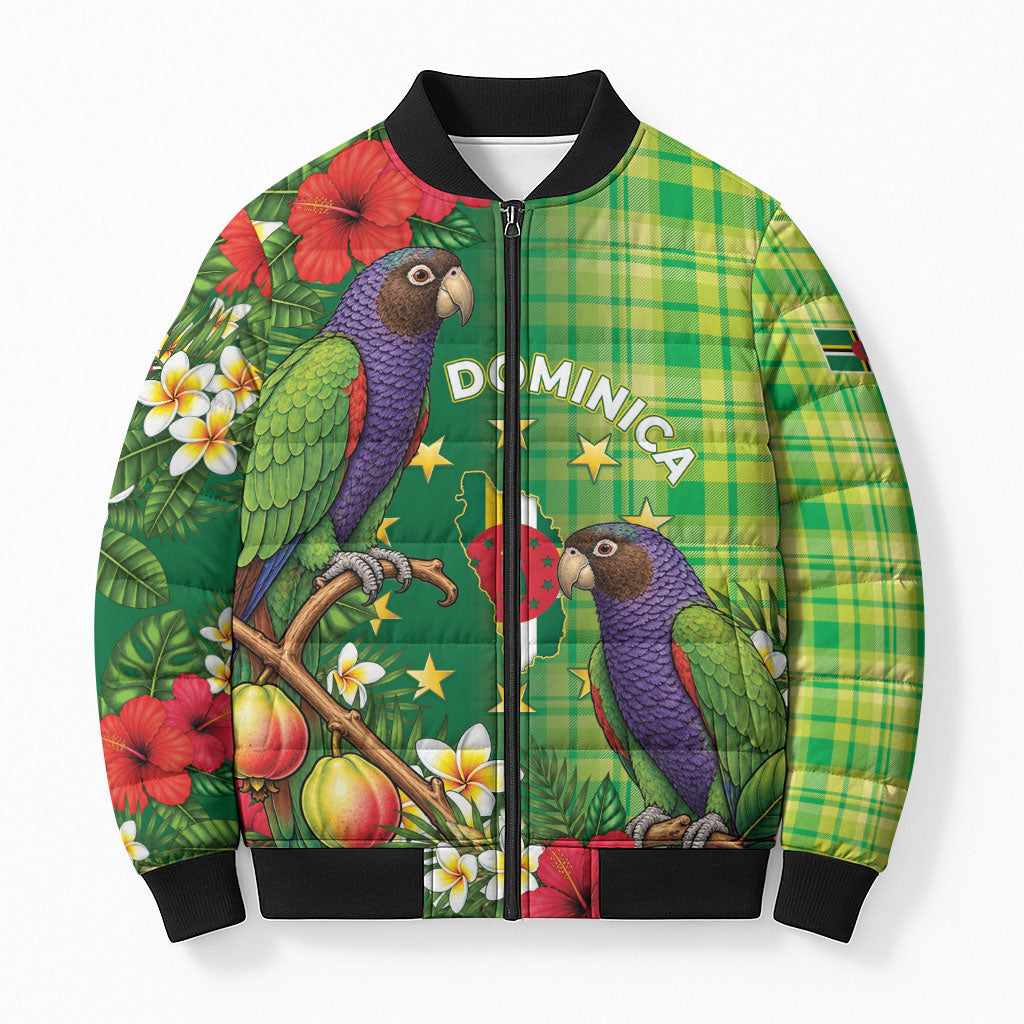 Personalized Dominica Independence Day Bomber Puffer Jacket Sisserou Parrot Madras Pattern