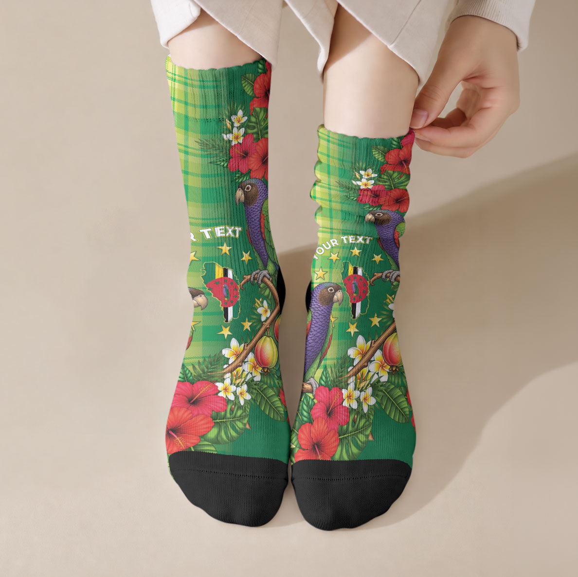 Personalized Dominica Independence Day Crew Socks Sisserou Parrot Madras Pattern