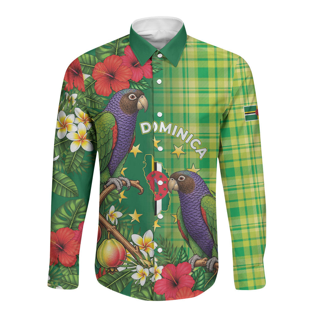 Personalized Dominica Independence Day Long Sleeve Button Shirt Sisserou Parrot Madras Pattern