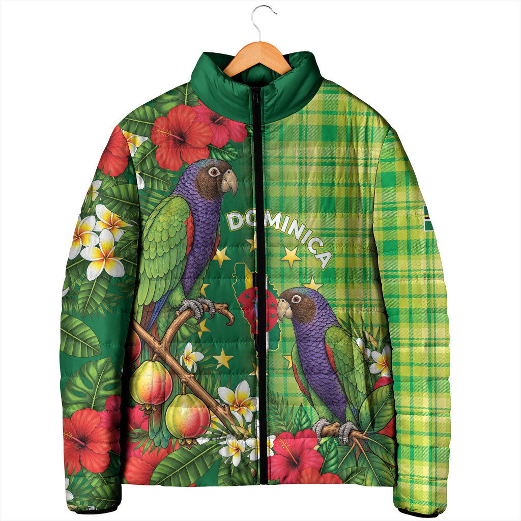 Personalized Dominica Independence Day Padded Jacket Sisserou Parrot Madras Pattern