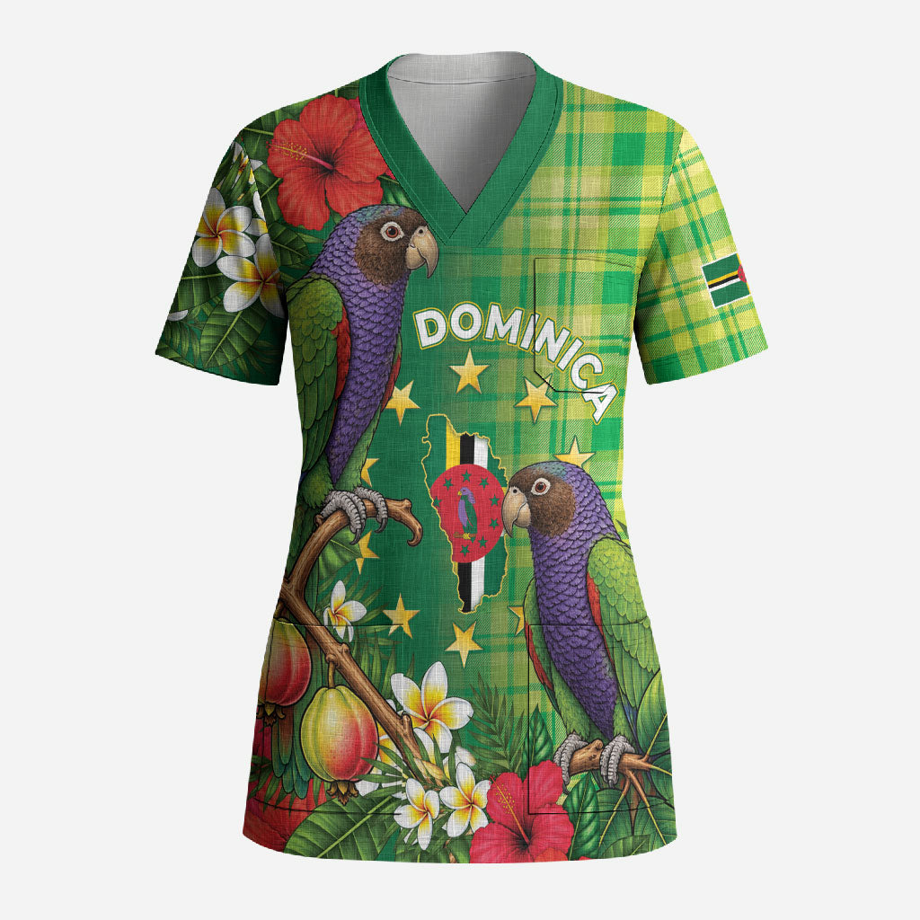 Personalized Dominica Independence Day Scrub Top Sisserou Parrot Madras Pattern