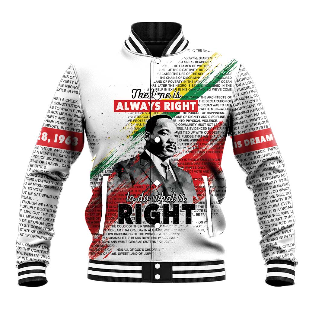 White baseball jacket with black striped collar/cuffs and MLK graphic front