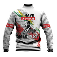 White baseball jacket back view with black striped collar/cuffs, MLK 1963 graphic