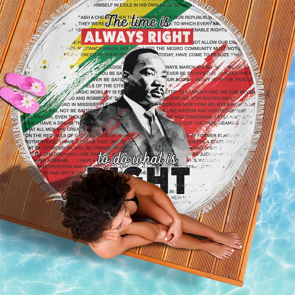 White round beach blanket with fringed edge, Martin Luther King portrait 'do what is RIGHT'