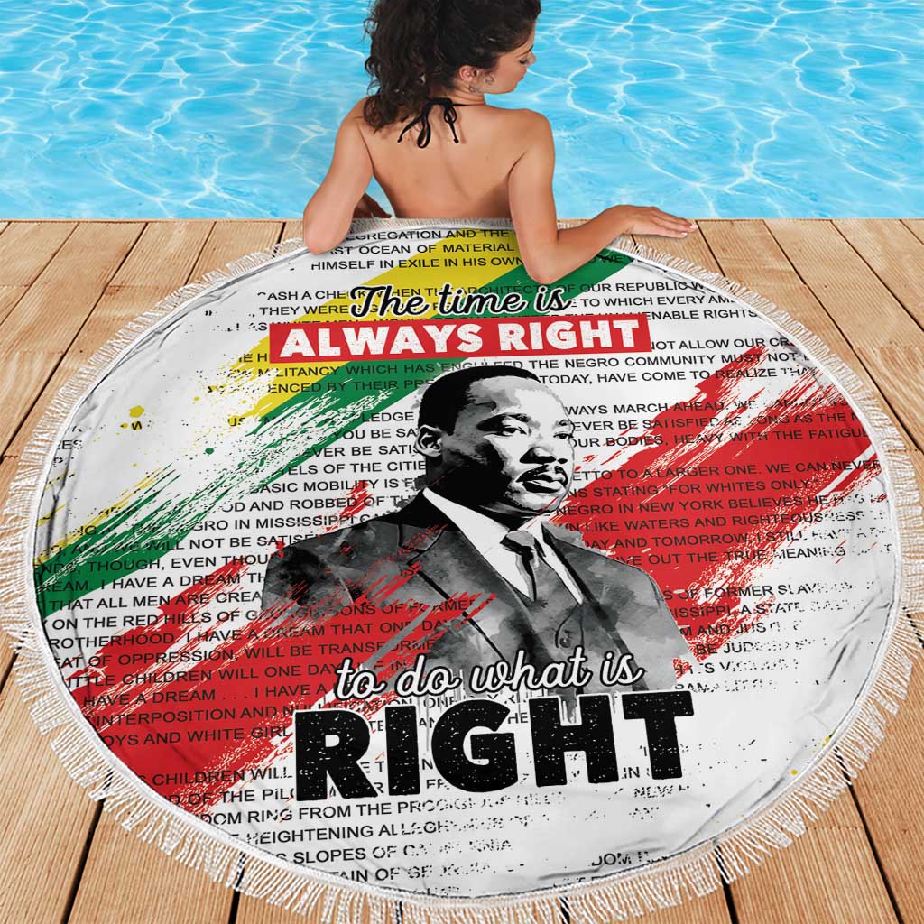 White round beach blanket with fringed edge, MLK portrait and large 'RIGHT' text