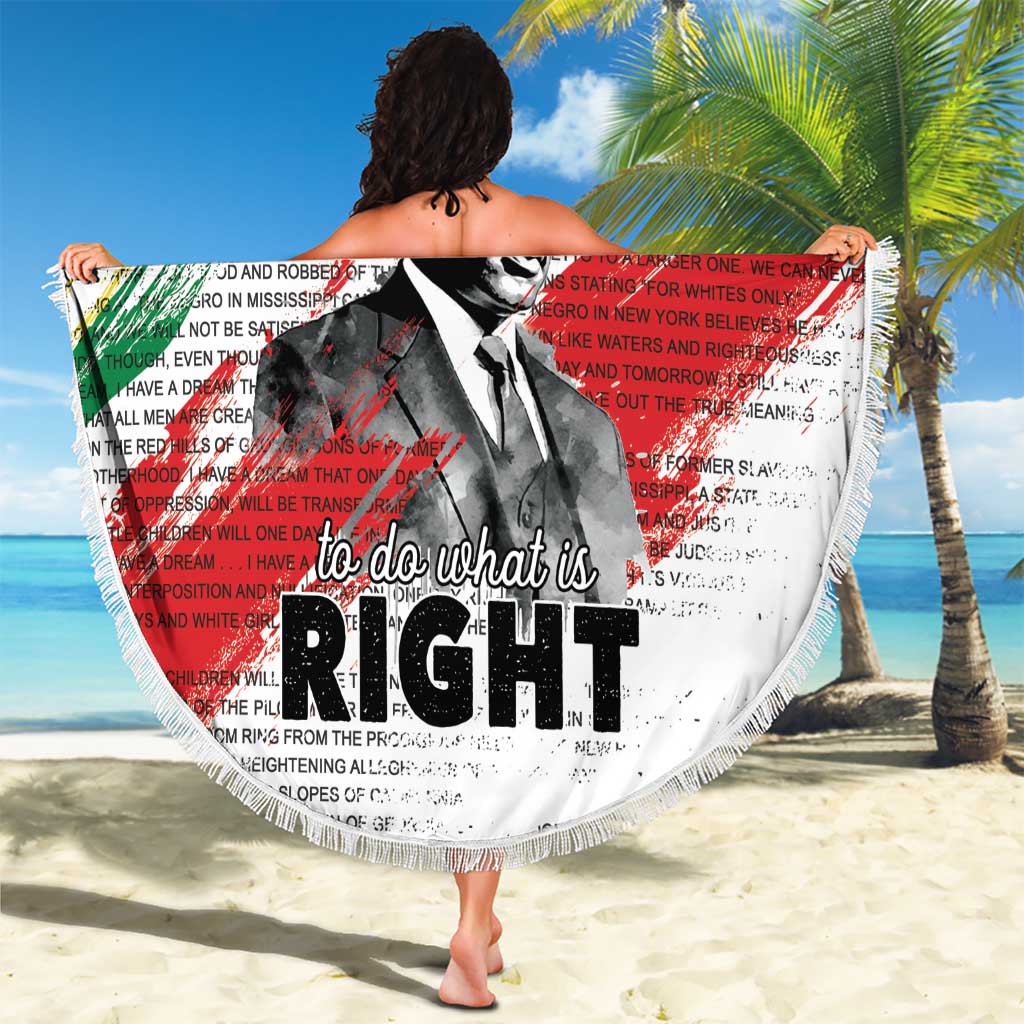 White round beach blanket with fringed edge, Martin Luther King portrait and 'RIGHT' text