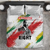 White bedding set with two pillowcases and MLK portrait, “Always Right” typography