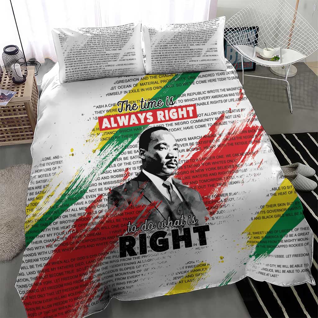 White duvet cover and pillowcases featuring MLK portrait and “Do what is RIGHT” text