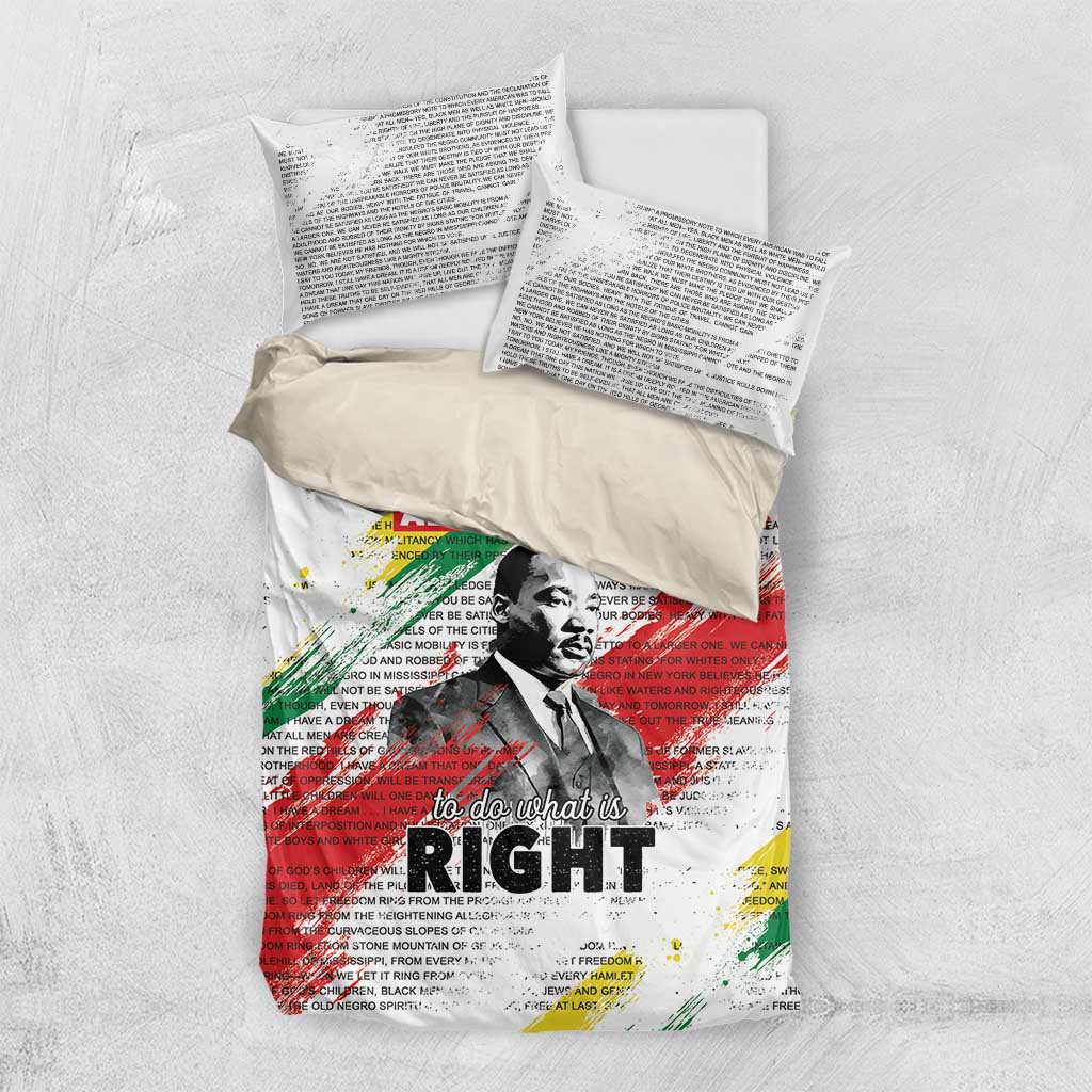 White bedding set with two pillowcases and MLK portrait, “The time is always right”