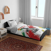 White bedding set on bed with MLK portrait artwork across duvet cover
