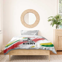 White duvet cover with MLK portrait, “Always Right” lettering, and matching pillowcases