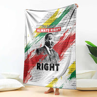 White MLK tribute blanket with portrait and bold “ALWAYS RIGHT” text, laid flat