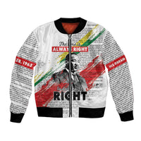 Unisex white bomber jacket with black ribbed cuffs, hem, and bold MLK graphic
