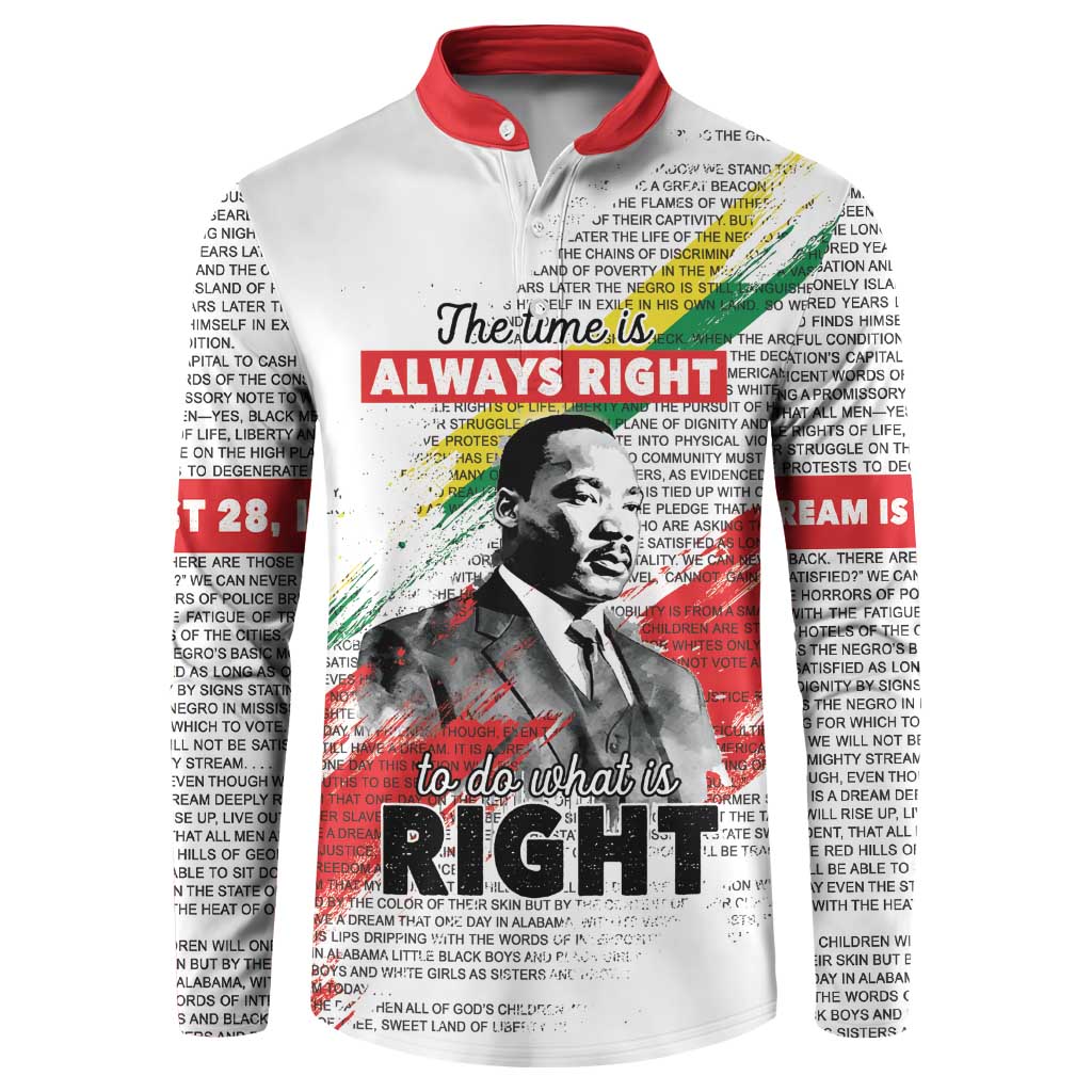 White button-up sweatshirt with red collar, MLK portrait and 'Always Right' graphic