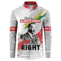 White button-up sweatshirt with red collar, MLK portrait and 'Always Right' graphic