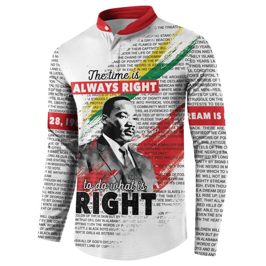 White button-up sweatshirt with red collar, MLK portrait and 'Always Right' slogan